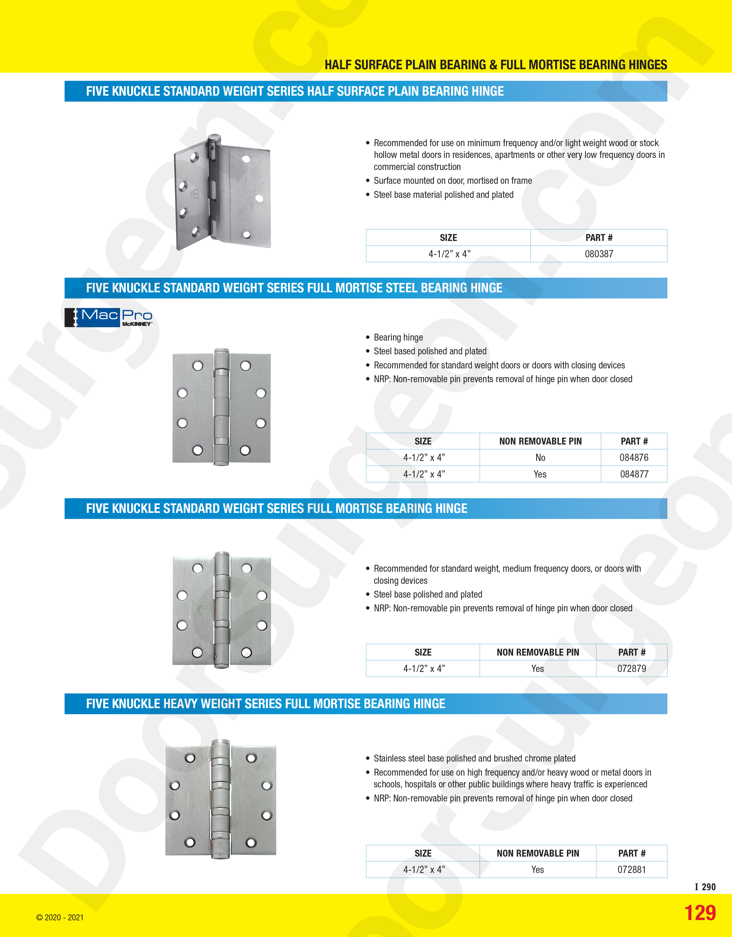 Half-surface plain bearing and full mortise bearing hinges sales and installations Cochrane.